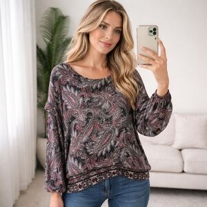 Northern Reflection Paisley Ruffle Sleeves Peasant Blouse